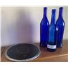 Image 1 : Round Stained Glass Item Plus Three Blue Glass Bottles