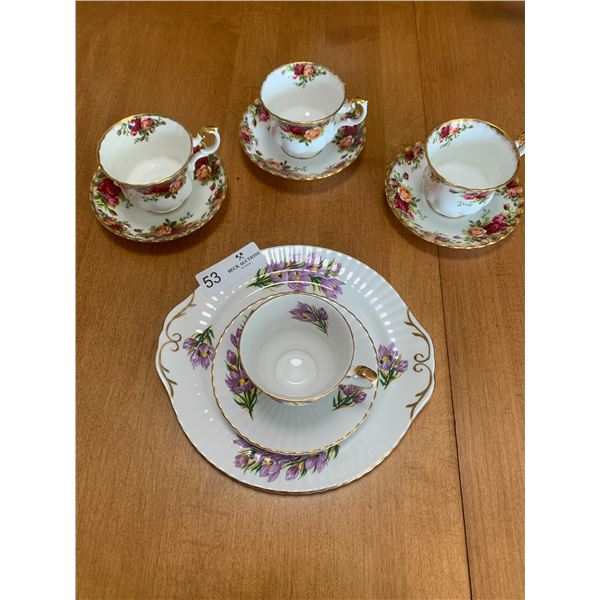 Three Teacups and Saucers From Royal Albert Old Country Roses Plus Another Pattern Prairie Crocus