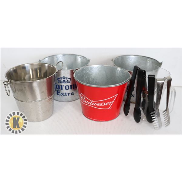 LOT OF ONE BEER PITCHER AND 3 WINE CHILL BUCKET