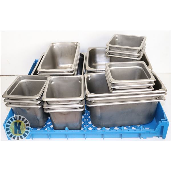 TRAY OF ASSORTED SIZE DEEP STAINLESS STEEL INSERTS