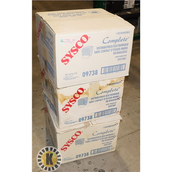 3 SYSCO HAND SENSOR PAPER TOWEL DISPENSERS IN BOX