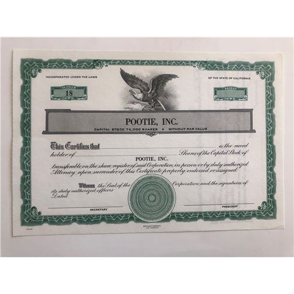 Pootie, Inc. Blank Stock Certificate