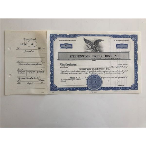 Steppenwolf Productions Inc. Blank Stock Certificate