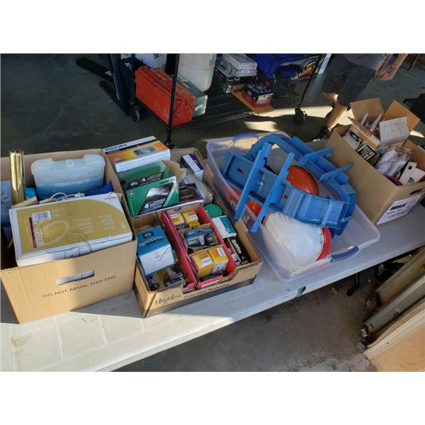 4 BOXES OF TOOLS, SHOP SUPPLIES, HARD HATS, SEALANT CAULKING, SAW BALDES, FREEZER PACKS