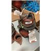 Image 8 : 2 110V SUMP PUMPS, TRAY OF COPPER PIPE STRAPS AND TRAY OF GRINDING DISCS