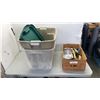 Image 1 : BOX OF CONCRETE MASONARY TOOLS AND 2 STORAGE TOTES