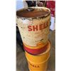 Image 2 : SHELL OIL DRUM WITH SPIGOT - 28 INCHES TALL AND SHELL OIL TIN 13 INCHES TALL