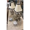 Image 1 : 2 TEAPOT TABLE LAMPS, 2 CANDLE STANDS, BANBURRY INN CREAM AND SUGAR AND GLASSWARE