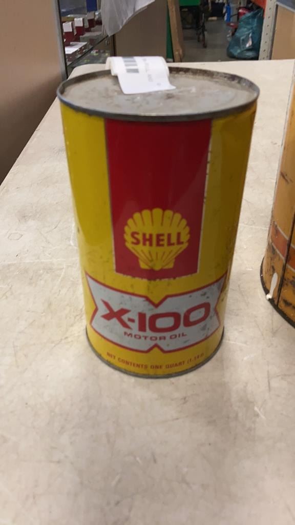 SHELL X-100 MOTOR OIL TIN - FULL, AND SHELL PAIL