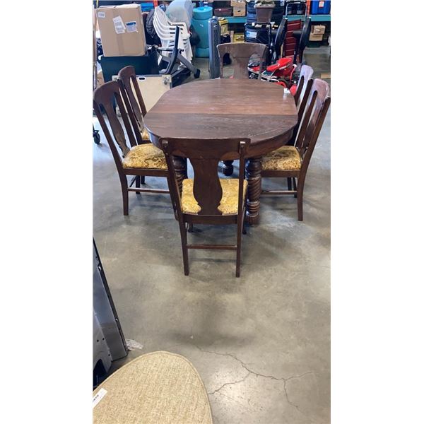 ANTIQUE CARVED LEG DINING TABLE WITH 2 LEAFS AND 6 CHAIRS