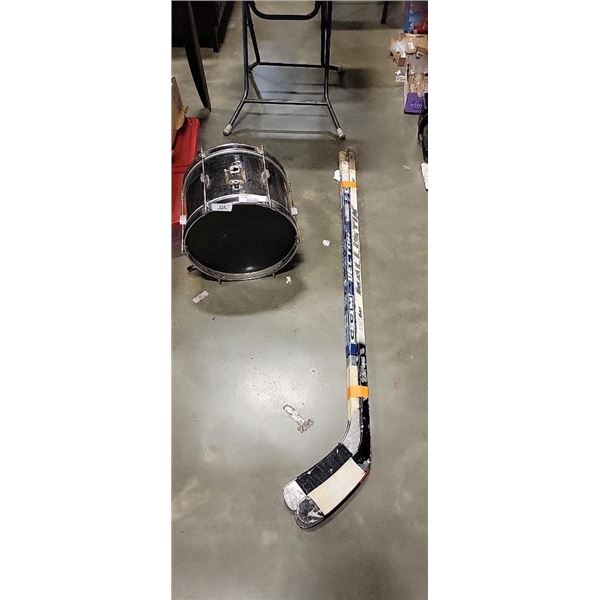 4 LEFT HANDED HOCKEY STICKS AND BASS DRUM WITH FOOT PEDAL