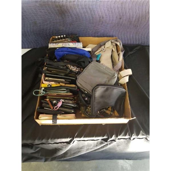 BOX OF LOST PROPERTY WOMENS WALLETS, HANDBAGS, FANNY PACKS AND MORE