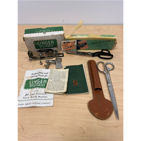 Vintage Singer Buttonhole Attachment / 9" Wiss Pinking Shears & 10