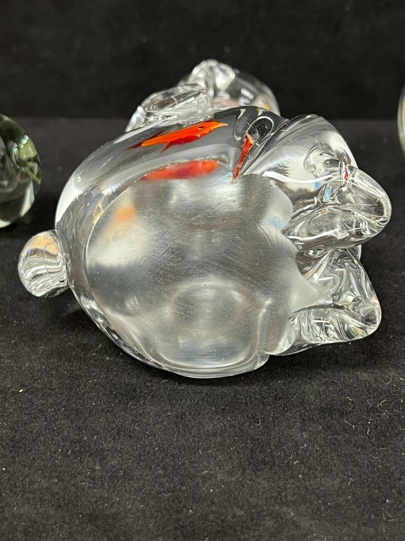 3 Heavy Art Glass Paperweights Cat / Hippo / Apple (tallest approx 5.5")