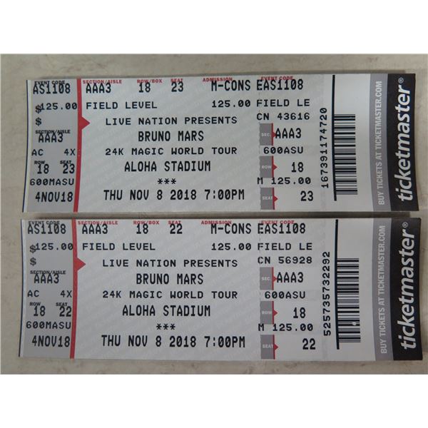 Qty 2 Ticketmaster Bruno Mars 24K Magic World Tour Aloha Stadium Tickets 11/8/18