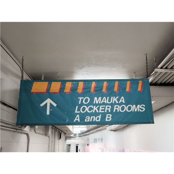 Blue 'To Mauka Locker Rooms A and B' w/ Arrow Sign 74"x25"