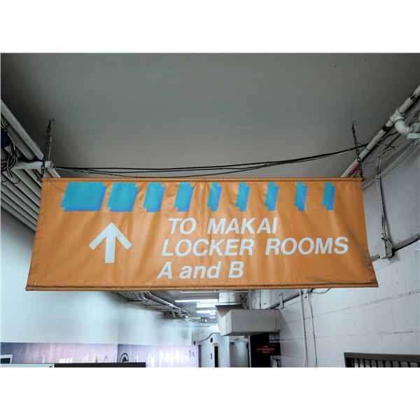 Yellow 'To Makai Locker Rooms A and B' w/ Arrow Sign 99"x25"