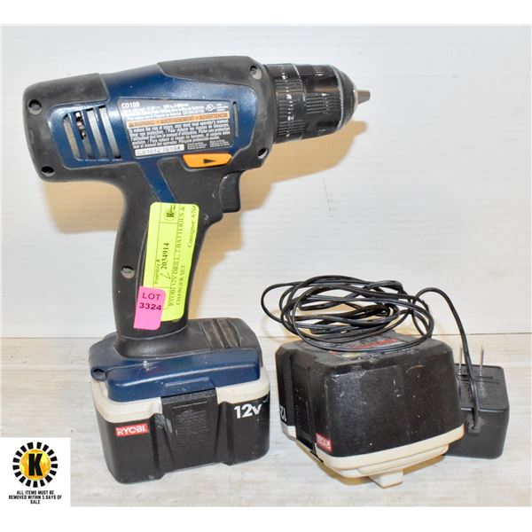 RYOBI 12V DRILL, 2 BATTERIES & CHARGER SET