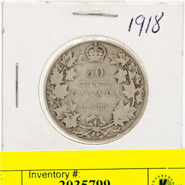 1918 CANADIAN KING GEORGE SILVER HALF DOLLAR