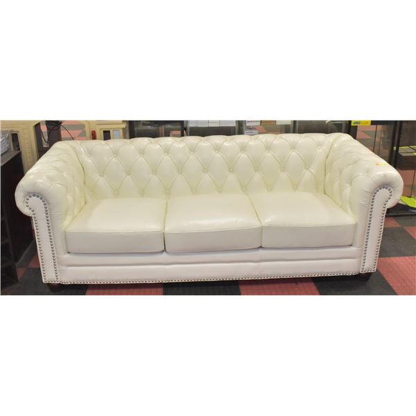 NEW GENUINE WHITE LEATHER NAILHEAD SOFA