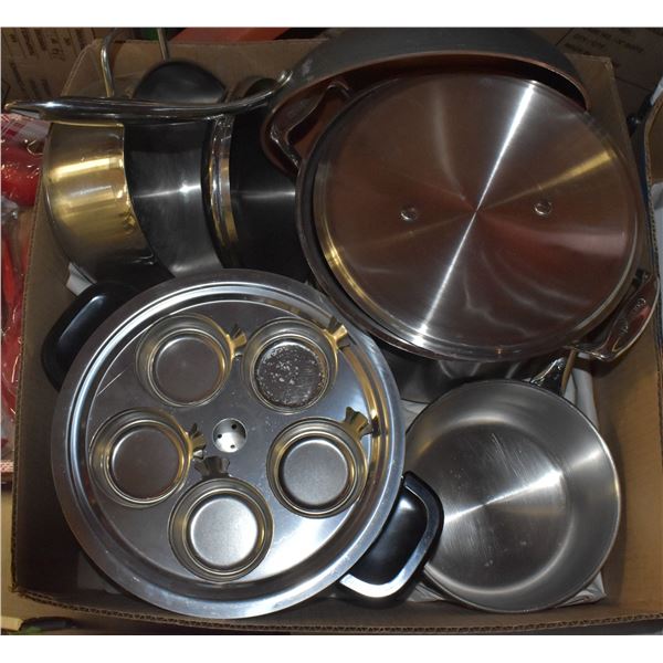 BOX OF VARIOUS POTS AND PANS INCL. CUISINART