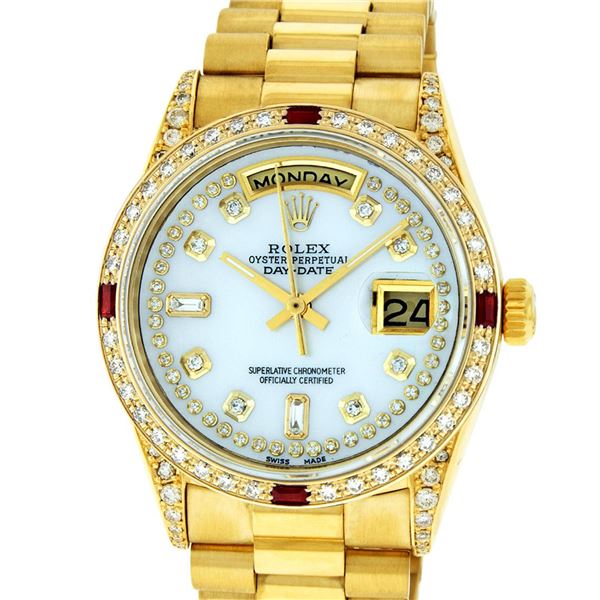 Rolex Mens 18K Yellow Gold MOP String Diamond & Ruby Quickset President Wristwat