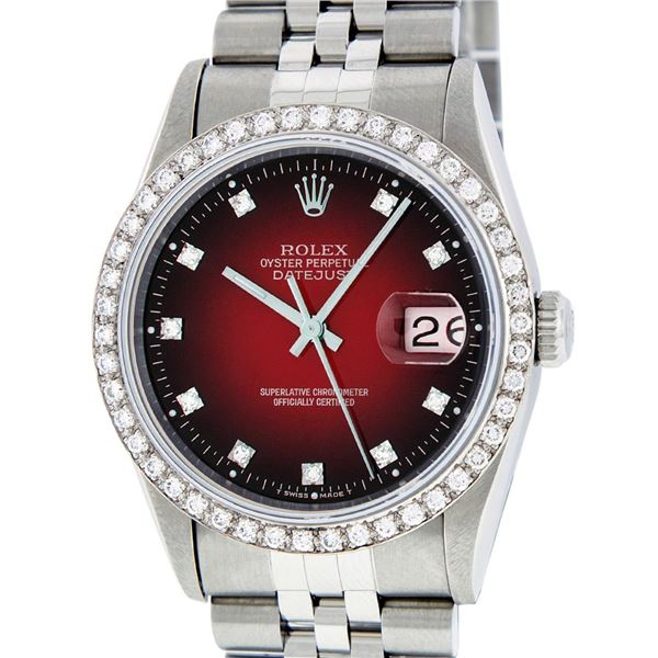 Rolex Mens Stainless Steel Red Vignette Diamond 36MM Datejust Wristwatch