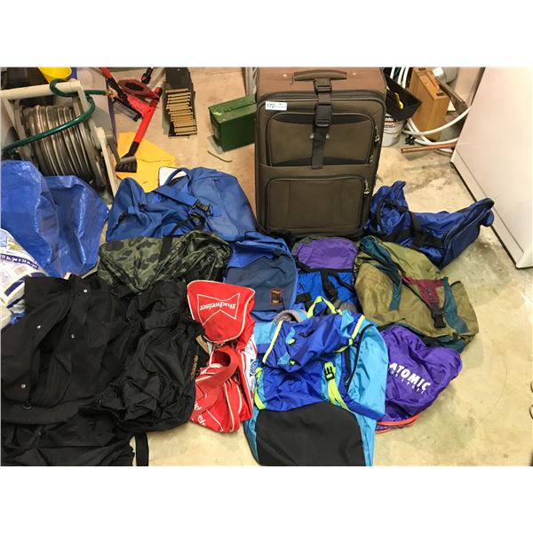 Suitcase & Assortment of Duffle Bags, Back Packs, Fanny Packs