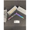 Image 2 : Brand New Stiletto Folding Knife with Rainbow Colored Blade in Box