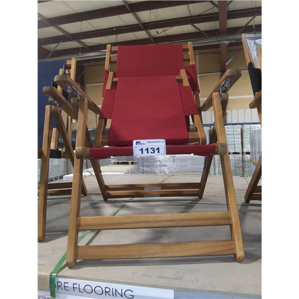 PAIR OF PATIOFLARE WOOD FRAMED RED FABRIC BEACH CHAIRS WITH LEG RESTS