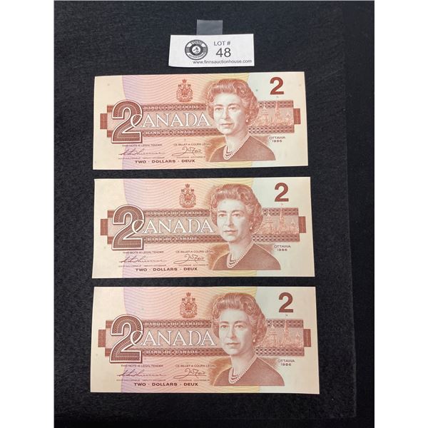 Lot of 3 Uncirculated 1986 Canadian $2 Bills