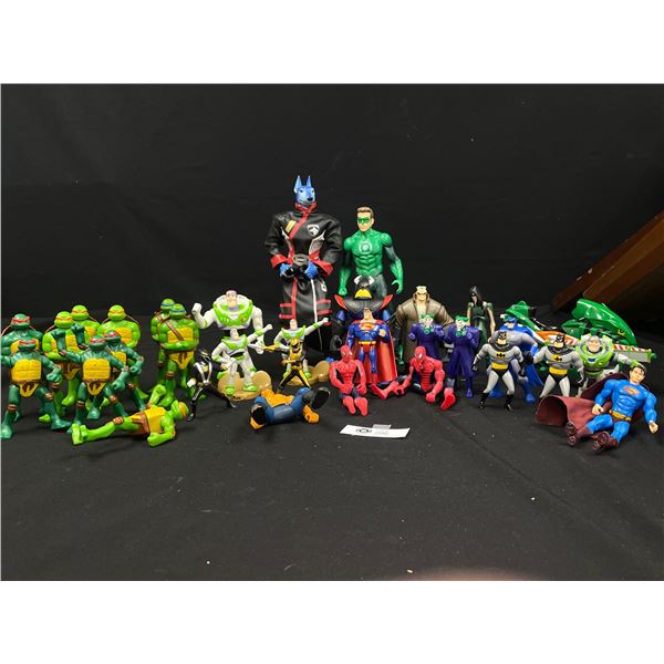 Large Lot of Toy Figurines. Teenage Mutant Ninja Turtles, Buzz Lightyear Batman, Superman Etc