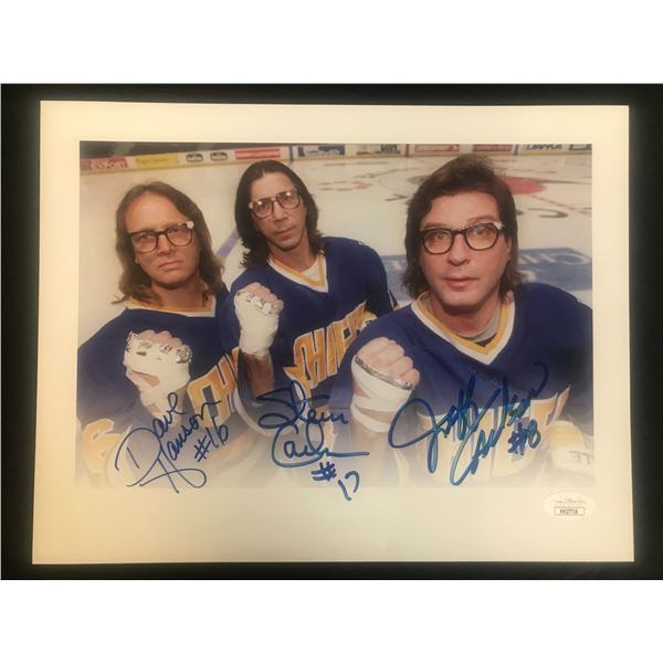 SLAPSHOT THE HANSON BROTHERS TRIPLE SIGNED 8 X 10 (JSA COA)