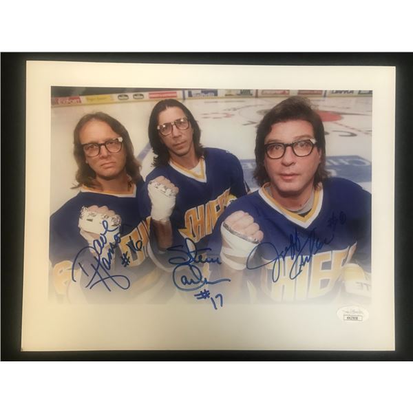 SLAPSHOT THE HANSON BROTHERS TRIPLE SIGNED 8 X 10 (JSA COA)