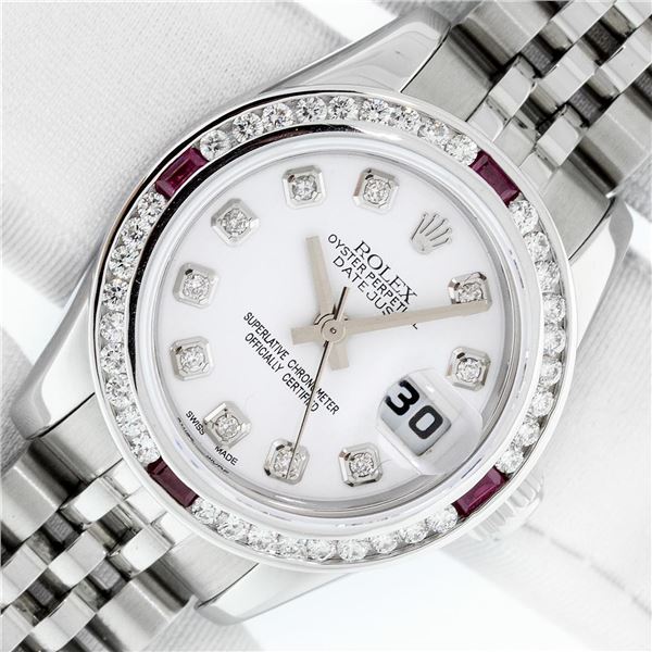 Rolex Ladies Stainless Steel White Diamond & Ruby Datejust Wristwatch