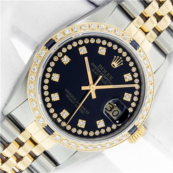 Rolex Men's Two Tone Black String Diamond & Sapphire Datejust Wristwatch