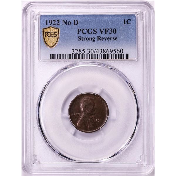 1922 No D Strong Reverse Lincoln Wheat Cent Coin PCGS VF30