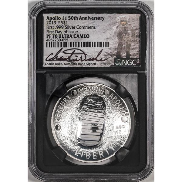 2019-P Apollo 11 50th $1 Proof Silver Dollar Coin NGC PF70 Ultra Cameo Duke Signed FDOI