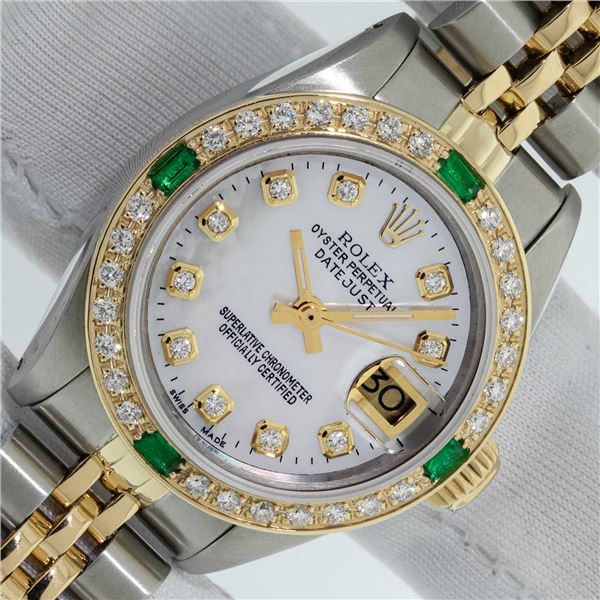 Rolex Ladies Two Tone Mother of Pearl Diamond & Emerald Datejust Wristwatch