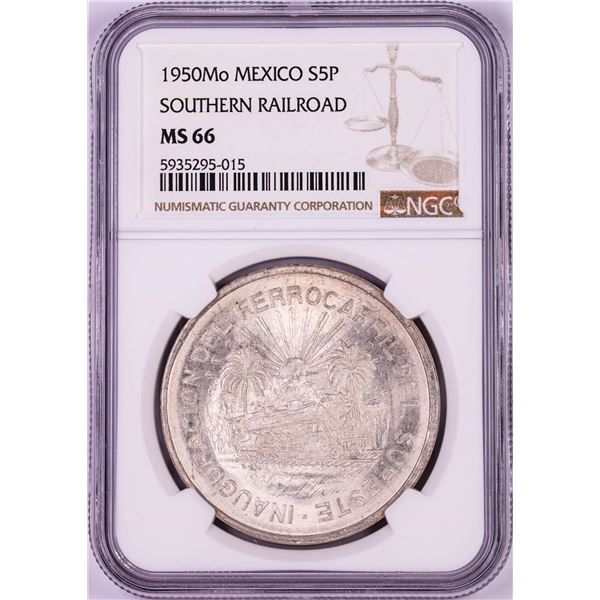 1950Mo Mexico 5 Pesos Southern Railroad Silver Coin NGC MS66