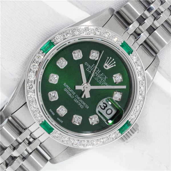 Rolex Ladies Stainless Steel Green Diamond & Emerald Datejust Wristwatch