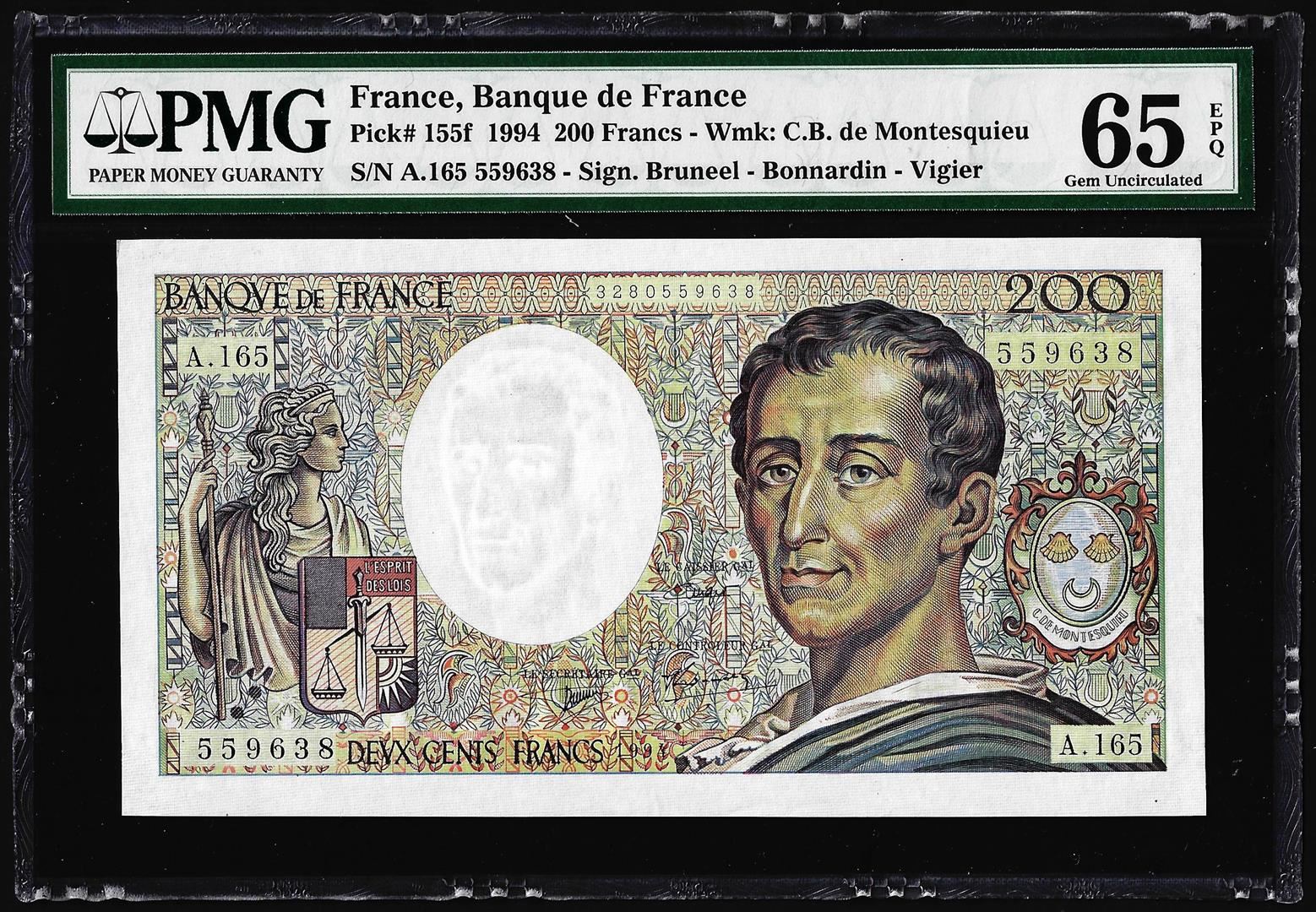 1994 France Banque de France 200 Francs Note Pick# 155f PMG Gem ...