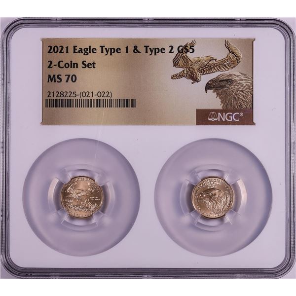 Set of 2021 Type 1 & Type 2 $5 American Gold Eagle Coins NGC MS70