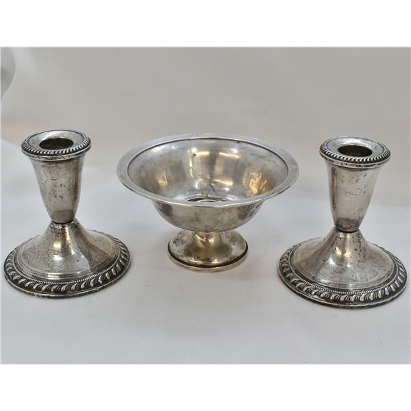 Sterling Silver Bowl and Weighted Candleholders