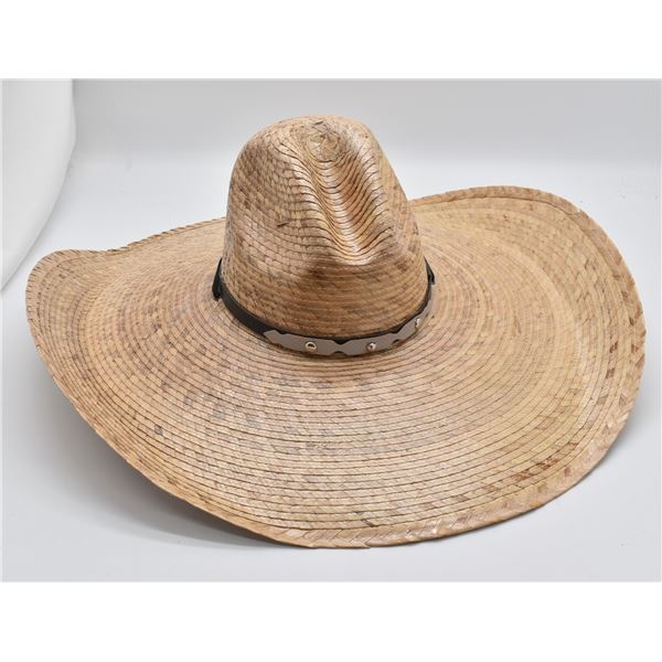 Large Mexican Straw Hat w/ Leather Stamped Strap