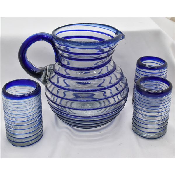 Mexican Glass Pitcher and 3 Matching Glasses