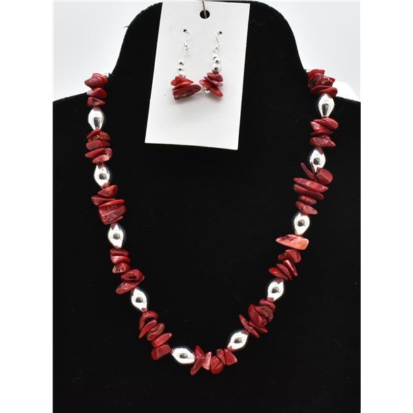 Coral Chip & Silver Plate Necklace & Earrings