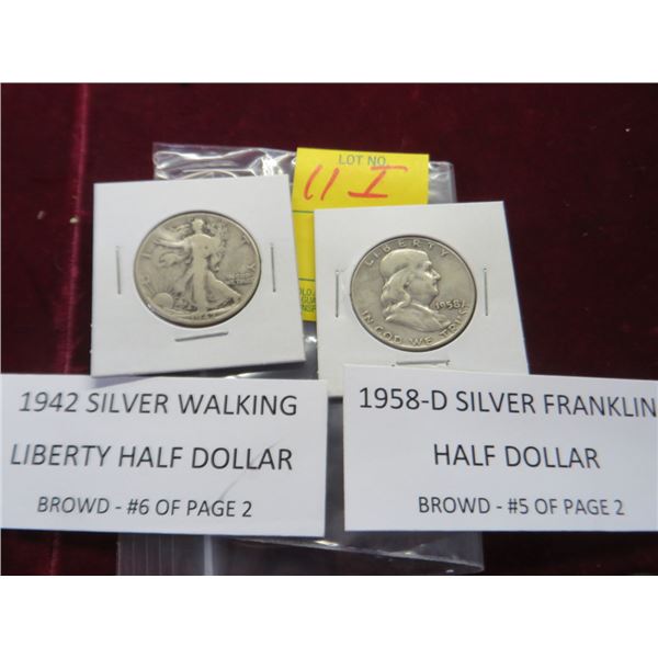 1942 Silver Walking Liberty Half Dollar, 1958-D Silver Franklin Half Dollar (2)
