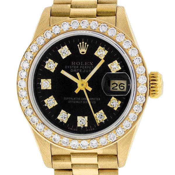 Rolex Ladies 18K Yellow Black 1 ctw Diamond President Wristwatch