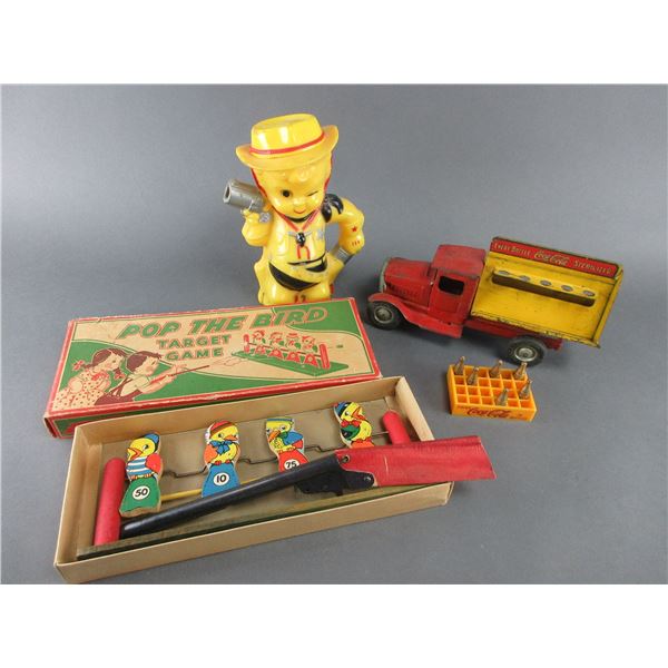 Antique Coke Truck- Mini Coke Bottles- Pop A Bird Target Game- Plastic Cowboy